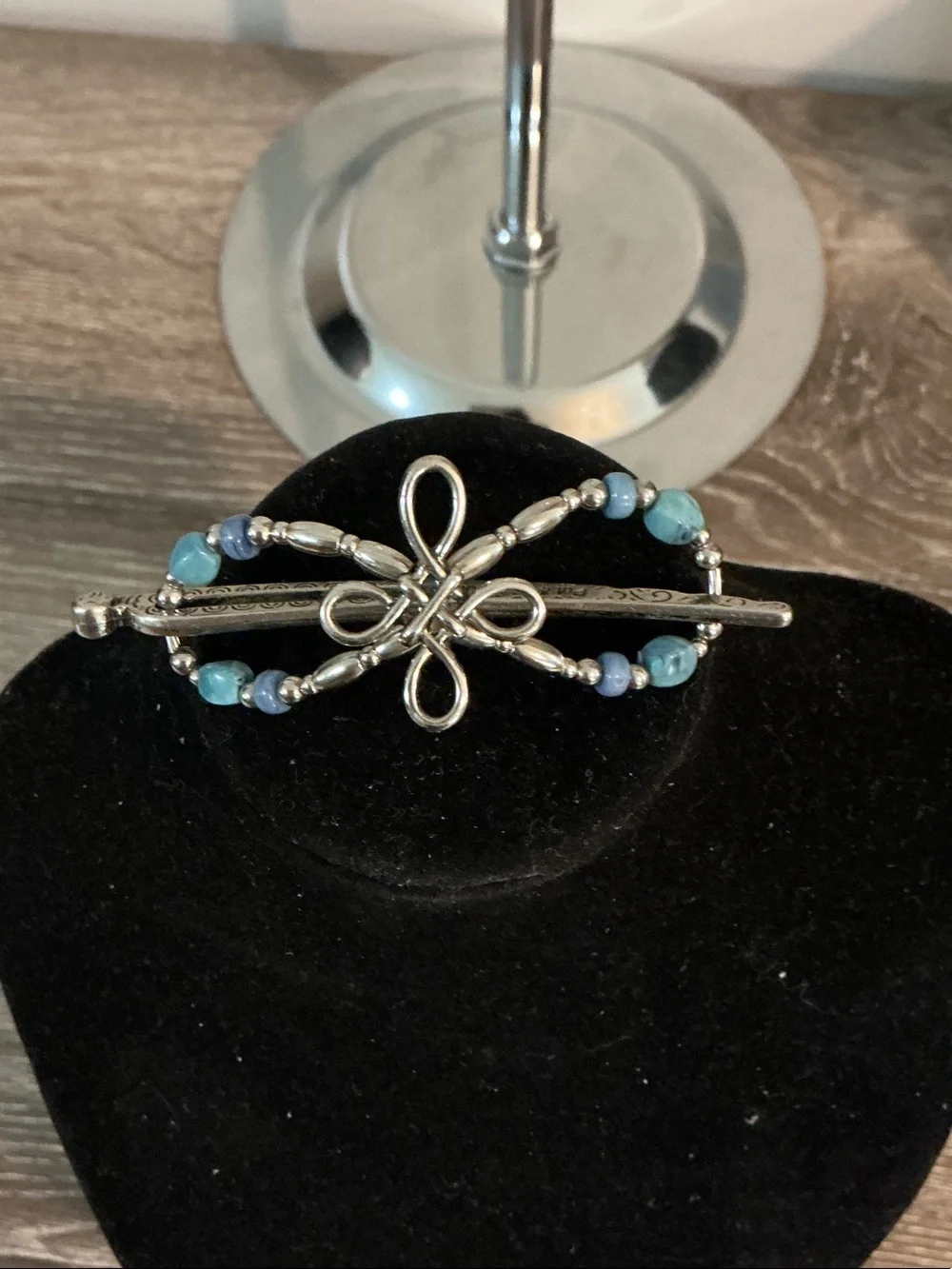 Flexi NWOT Silver-Tone Hair Clasp Slide with Blue Beads flexi8.com 2.5” x 1”